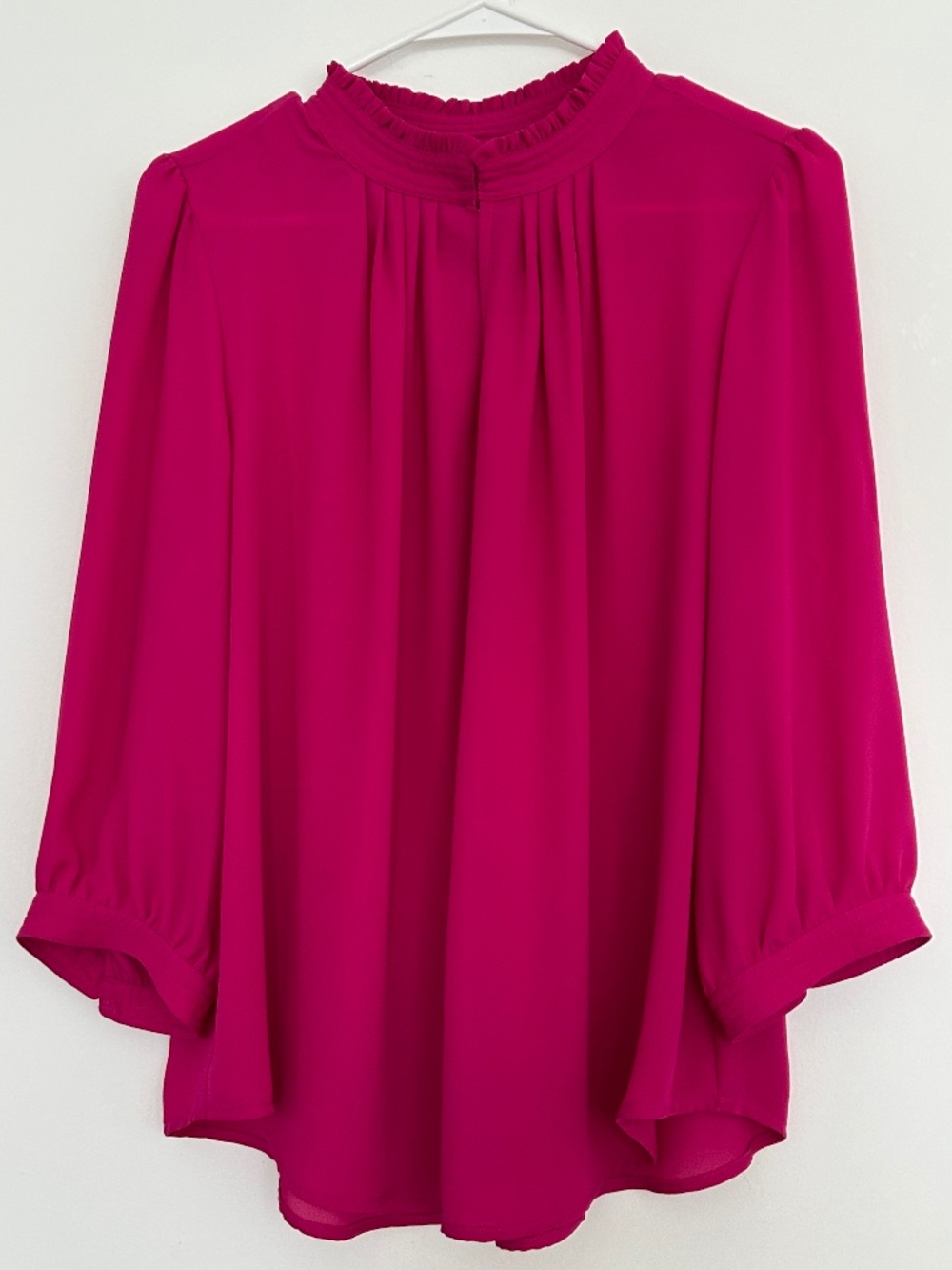 NWOT Worthington Petite PXL Magenta Blouse 3/4 Sleeve Ruffled Mock Neck Pleated
